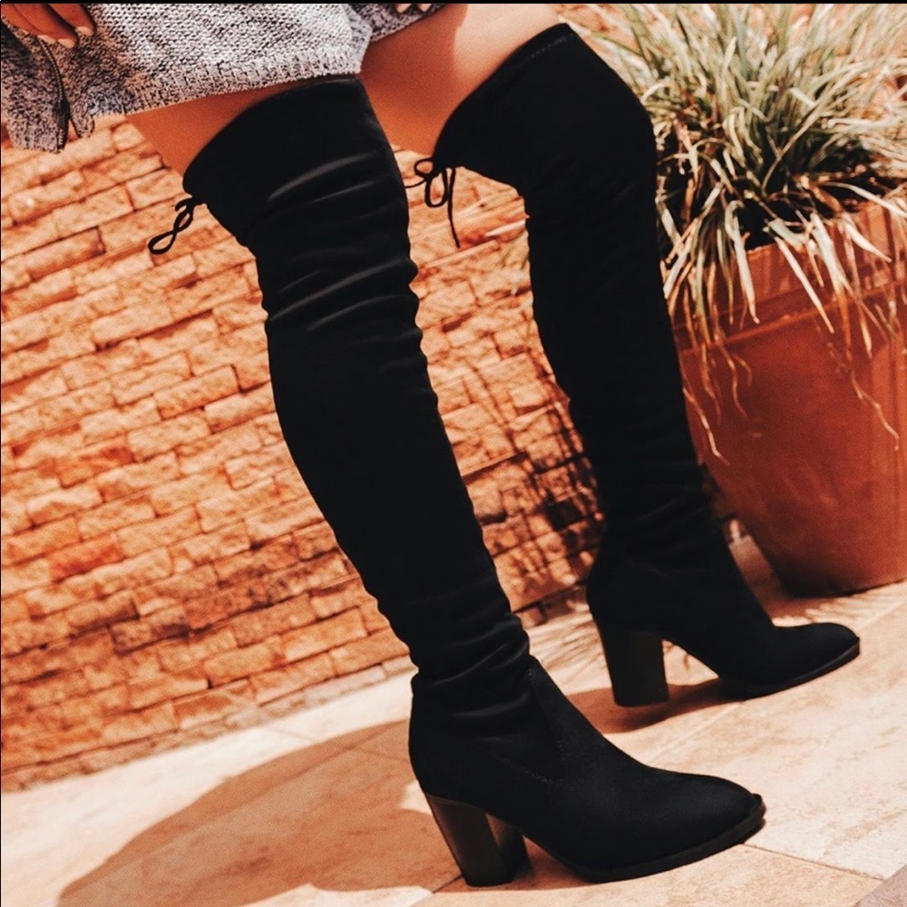 Black Over The Knee Boots, Chunky Heel